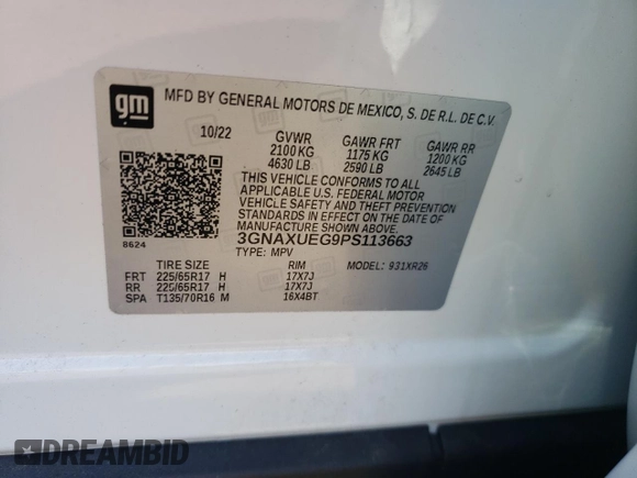 2023 Chevrolet Equinox LT with VIN 3GNAXUEG9PS113663, listed as a Copart auction lot 56012365 with 8,623 mi miles and Salvage title. Bid and sale history available at DreamBid. Image 12.