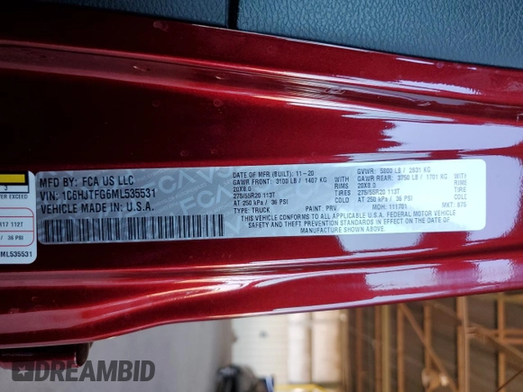 2021 Jeep Gladiator High Altitude with VIN 1C6HJTFG6ML535531, listed as a Copart auction lot 54349305 with 104,173 mi miles and Salvage title. Bid and sale history available at DreamBid. Image 12.