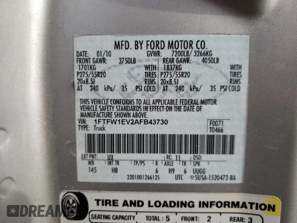 2010 Ford F-150 XL with VIN 1FTFW1EV2AFB43730, listed as a Copart auction lot 51656755 with 188,779 mi miles and Clean Title. Bid and sale history available at carsss.com. Image 12.