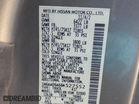 2006 Nissan Titan SE with VIN 1N6AA06A66N527552, listed as a Copart auction lot 52979735 with 218,731 mi miles and Salvage title. Bid and sale history available at DreamBid. Image 12.