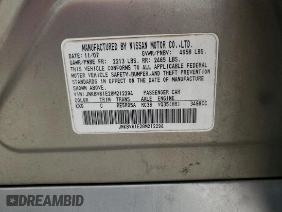 2008 Infiniti G35 Journey with VIN JNKBV61E28M212294, listed as a Copart auction lot 43658925 with 203,294 mi miles and Salvage Title. Bid and sale history available at DreamBid. Image 14.
