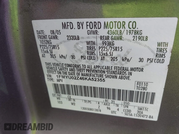 2006 Ford Escape XLS with VIN 1FMYU02Z46KA52355, listed as a IAAI auction lot 42376670 with Not provided miles and . Bid and sale history available at DreamBid. Image 9.