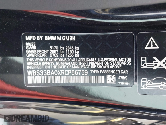 2024 BMW M4 Competition xDrive with VIN WBS33BA0XRCP56759, listed as a IAAI auction lot 42428050 with 5,682 mi miles and . Bid and sale history available at DreamBid. Image 9.