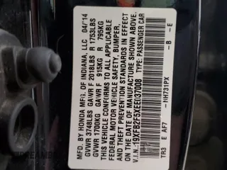 2014 Honda Civic LX z VIN 19XFB2F5XEE037008, wystawiony jako Copart lot #51533375 z przebiegiem Nie podano mil oraz Szkoda całkowita • Salvage title. Historia ofert i sprzedaży dostępna na DreamBid. Obrazek 15.