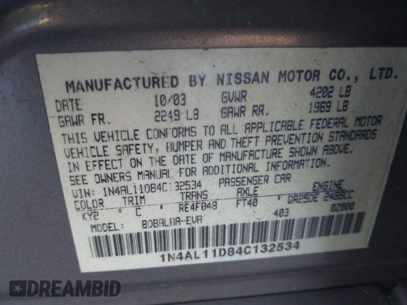 2004 Nissan Altima S with VIN 1N4AL11D84C132534, listed as a IAAI auction lot 41745355 with 144,070 mi miles. Bid and sale history available at carsss.com. Image 9.