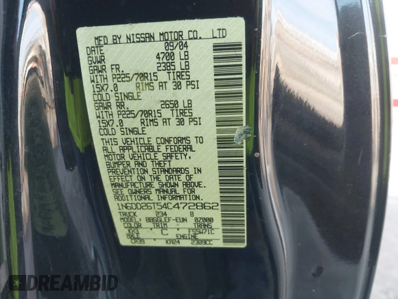 2004 Nissan Frontier XE z VIN 1N6DD26T54C472862, wystawiony jako IAAI lot #41786598 z przebiegiem 76 612 mil mil oraz . Historia ofert i sprzedaży dostępna na DreamBid. Obrazek 9.