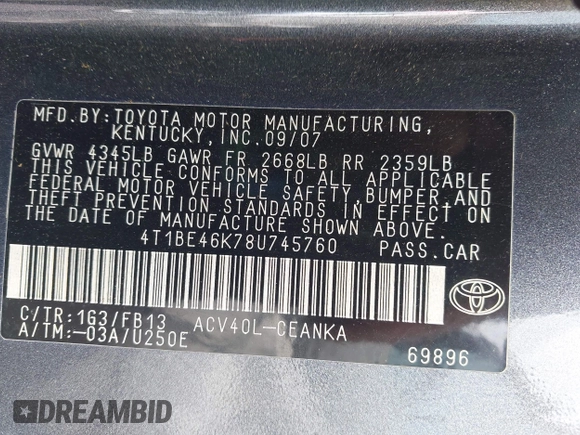 2008 Toyota Camry LE with VIN 4T1BE46K78U745760, listed as a IAAI auction lot 42262349 with 174,469 mi miles and . Bid and sale history available at DreamBid. Image 9.