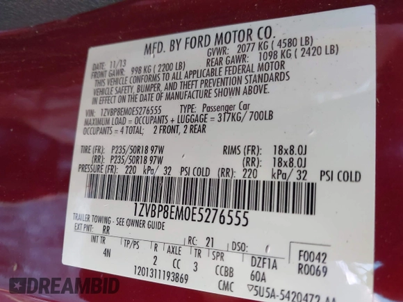 2014 Ford Mustang V6 with VIN 1ZVBP8EM0E5276555, listed as a IAAI auction lot 41995485 with 77,141 mi miles. Bid and sale history available at carsss.com. Image 9.