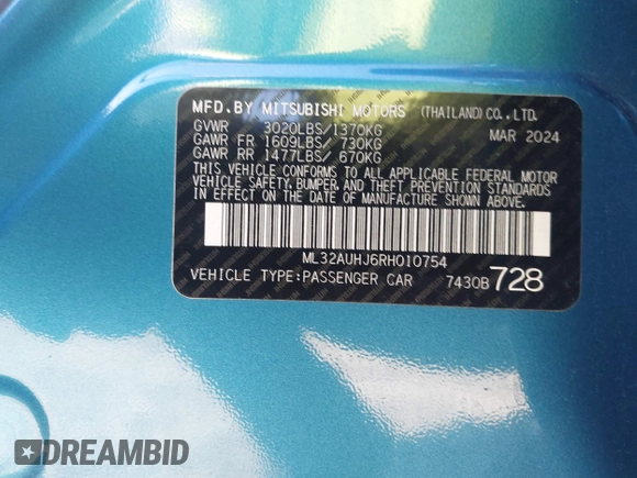 2024 Mitsubishi Mirage ES z VIN ML32AUHJ6RH010754, wystawiony jako IAAI lot #42533440 z przebiegiem 25 646 mil mil oraz . Historia ofert i sprzedaży dostępna na DreamBid. Obrazek 9.