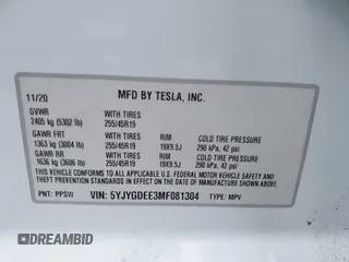 2021 Tesla Model Y Long Range with VIN 5YJYGDEE3MF081304, listed as a IAAI auction lot 42119270 with 90,521 mi miles. Bid and sale history available at carsss.com. Image 9.