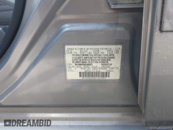 2010 Nissan Sentra SR with VIN 3N1AB6AP8AL689323, listed as a IAAI auction lot 41923636 with 178,858 mi miles and . Bid and sale history available at DreamBid. Image 9.