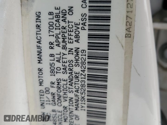 2001 Chevrolet Prizm z VIN 1Y1SK52831Z428219, wystawiony jako Copart lot #59614015 z przebiegiem 242 375 mil mil oraz Szkoda całkowita • Salvage title. Historia ofert i sprzedaży dostępna na DreamBid. Obrazek 12.