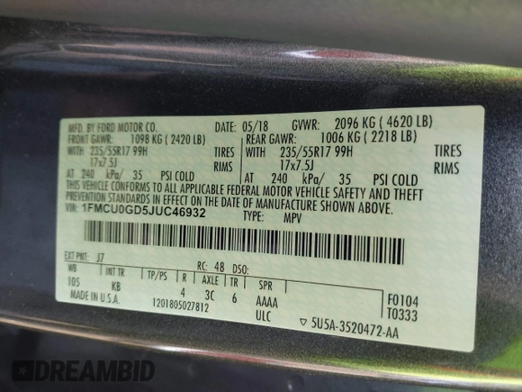 2018 Ford Escape SE with VIN 1FMCU0GD5JUC46932, listed as a IAAI auction lot 41749296 with 111,236 mi miles. Bid and sale history available at carsss.com. Image 9.