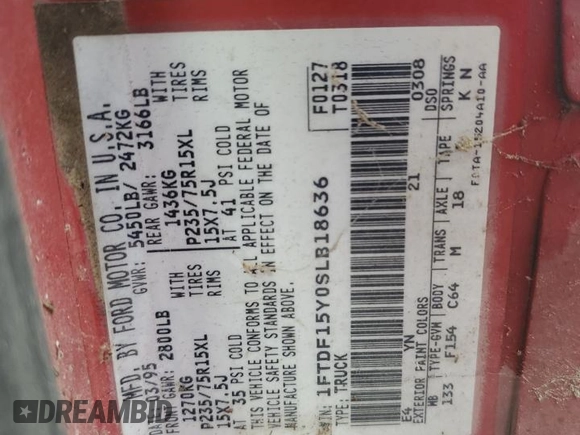 1995 Ford F-150 z VIN 1FTDF15Y0SLB18636, wystawiony jako Copart lot #74784294 z przebiegiem 70 345 mil mil oraz Szkoda całkowita • Salvage title. Historia ofert i sprzedaży dostępna na DreamBid. Obrazek 12.