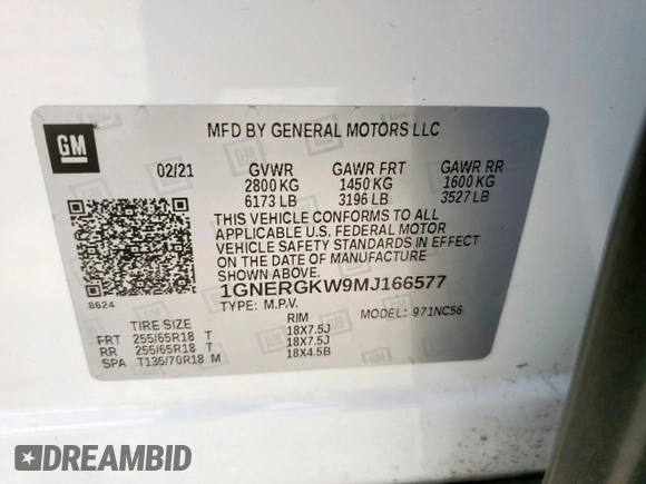 2021 Chevrolet Traverse LT Cloth with VIN 1GNERGKW9MJ166577, listed as a Copart auction lot 56857305 with 109,294 mi miles and Salvage title. Bid and sale history available at DreamBid. Image 14.