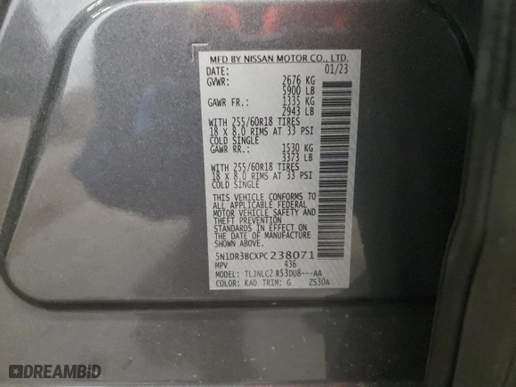 2023 Nissan Pathfinder SV with VIN 5N1DR3BCXPC238071, listed as a Copart auction lot 74309414 with 0 mi miles and Salvage Title. Bid and sale history available at carsss.com. Image 13.