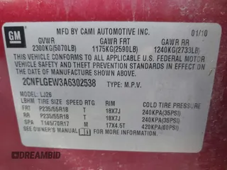 2010 Chevrolet Equinox LTZ with VIN 2CNFLGEW3A6302538, listed as a IAAI auction lot 41715039 with 235,478 mi miles and . Bid and sale history available at DreamBid. Image 9.