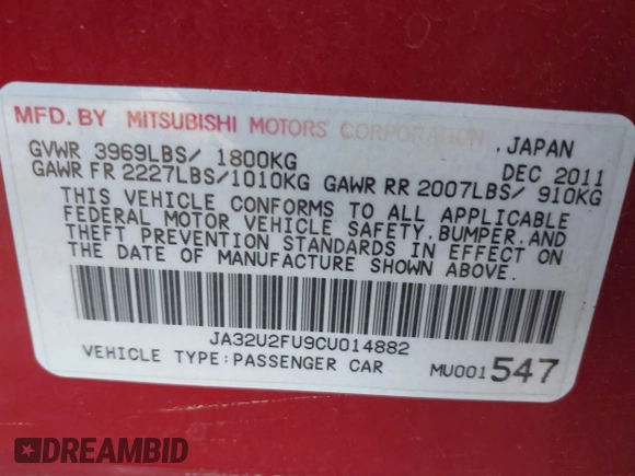 2012 Mitsubishi Lancer ES with VIN JA32U2FU9CU014882, listed as a IAAI auction lot 42158588 with 145,500 mi miles and . Bid and sale history available at DreamBid. Image 9.