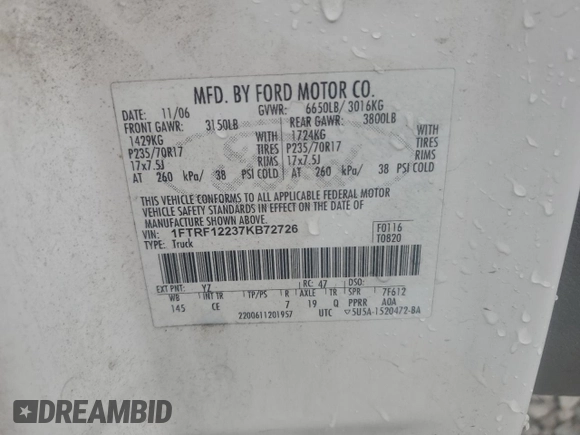 2007 Ford F-150 XL with VIN 1FTRF12237KB72726, listed as a Copart auction lot 61020995 with 213,560 mi miles and Clean title. Bid and sale history available at DreamBid. Image 12.