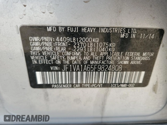 2015 Subaru WRX with VIN JF1VA1A65F9824808, listed as a Copart auction lot 48007615 with 104,090 mi miles and Salvage Title. Bid and sale history available at carsss.com. Image 13.