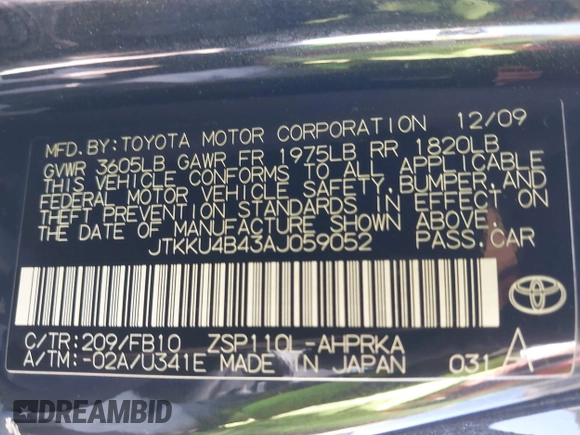 2010 Scion xD with VIN JTKKU4B43AJ059052, listed as a IAAI auction lot 42715061 with 205,572 mi miles and . Bid and sale history available at DreamBid. Image 9.