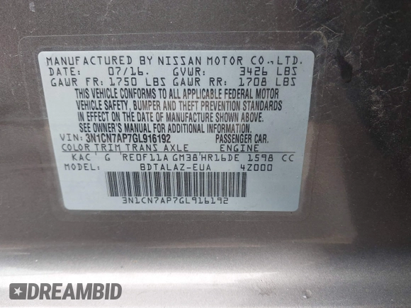 2016 Nissan Versa SV with VIN 3N1CN7AP7GL916192, listed as a IAAI auction lot 41997226 with 146,751 mi miles. Bid and sale history available at carsss.com. Image 9.