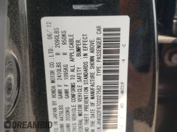 2012 Acura TSX Technology with VIN JH4CU2F67CC027562, listed as a Copart auction lot 59271365 with 176,171 mi miles and Salvage title. Bid and sale history available at DreamBid. Image 12.
