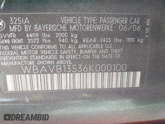 2006 BMW 3 Series 325i with VIN WBAVB13536K000100, listed as a IAAI auction lot 42282494 with 193,867 mi miles and . Bid and sale history available at DreamBid. Image 9.