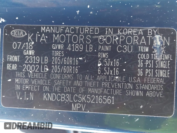 2019 Kia Niro LX with VIN KNDCB3LC5K5216561, listed as a IAAI auction lot 41004309 with 121,617 mi miles and . Bid and sale history available at DreamBid. Image 9.