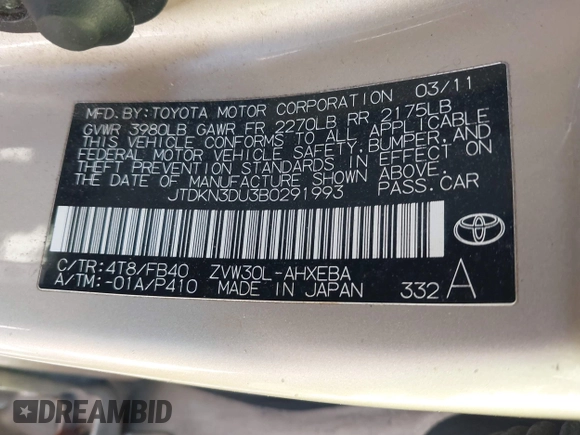 2011 Toyota Prius I with VIN JTDKN3DU3B0291993, listed as a IAAI auction lot 41892191 with 154,411 mi miles. Bid and sale history available at carsss.com. Image 9.