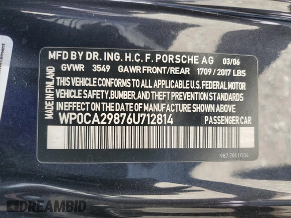 2006 Porsche Boxster z VIN WP0CA29876U712814, wystawiony jako Copart lot #49630945 z przebiegiem 66 044 mil mil oraz Szkoda całkowita • Salvage title. Historia ofert i sprzedaży dostępna na DreamBid. Obrazek 12.