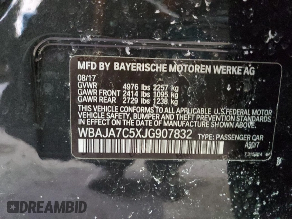 2018 BMW 5 Series 530i xDrive with VIN WBAJA7C5XJG907832, listed as a Copart auction lot 43753535 with 83,937 mi miles and Clean Title. Bid and sale history available at carsss.com. Image 12.