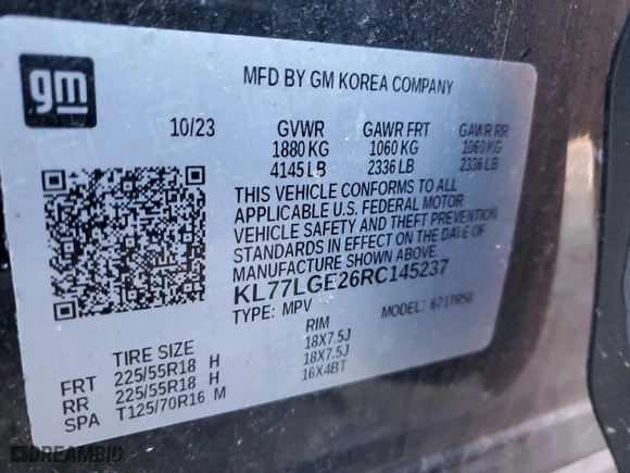 2024 Chevrolet Trax 1RS with VIN KL77LGE26RC145237, listed as a Copart auction lot 45877355 with 28,916 mi miles and Salvage Title. Bid and sale history available at carsss.com. Image 12.