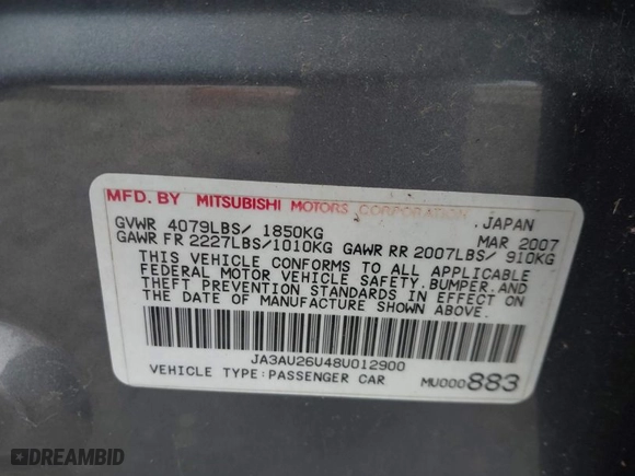 2008 Mitsubishi Lancer DE with VIN JA3AU26U48U012900, listed as a IAAI auction lot 41988059 with 216,797 mi miles. Bid and sale history available at carsss.com. Image 9.