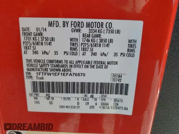 2014 Ford F-150 XL with VIN 1FTFW1EF1EFA76570, listed as a Copart auction lot 52285455 with 223,621 mi miles and Salvage Title. Bid and sale history available at carsss.com. Image 12.