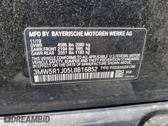 2020 BMW 3 Series 330i with VIN 3MW5R1J05L8B16852, listed as a Copart auction lot 56912105 with 75,379 mi miles and Salvage title. Bid and sale history available at DreamBid. Image 12.