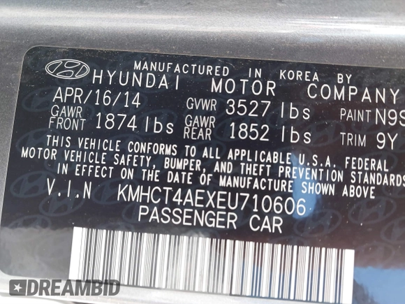2014 Hyundai Accent GLS with VIN KMHCT4AEXEU710606, listed as a IAAI auction lot 41764163 with 103,859 mi miles. Bid and sale history available at carsss.com. Image 9.