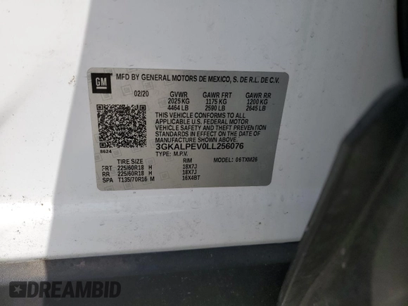 2020 GMC Terrain SLT with VIN 3GKALPEV0LL256076, listed as a Copart auction lot 61774535 with 101,747 mi miles and Salvage title. Bid and sale history available at DreamBid. Image 13.
