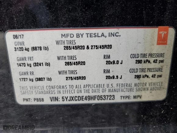 2017 Tesla Model X P100D with VIN 5YJXCDE49HF053723, listed as a Copart auction lot 87761395 with NaN miles and Salvage Title. Bid and sale history available at carsss.com. Image 14.