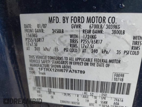 2007 Ford F-150 STX with VIN 1FTRX12W67FA76789, listed as a IAAI auction lot 41307835 with 190,683 mi miles and . Bid and sale history available at DreamBid. Image 9.