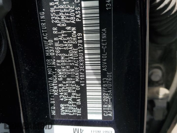 2011 Toyota Camry LE with VIN 4T1BF3EK9BU137819, listed as a Copart auction lot 62933555 with 149,478 mi miles and Salvage title. Bid and sale history available at DreamBid. Image 12.