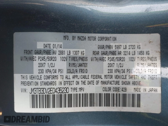 2014 Mazda CX-9 Grand Touring with VIN JM3TB3DV2E0435230, listed as a IAAI auction lot 41041440 with 145,538 mi miles and . Bid and sale history available at DreamBid. Image 9.
