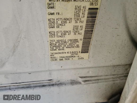 2015 Nissan Armada SV z VIN 5N1BA0ND8FN616053, wystawiony jako Copart lot #88253385 z przebiegiem 211 004 mil mil oraz Szkoda całkowita • Salvage title. Historia ofert i sprzedaży dostępna na DreamBid. Obrazek 13.