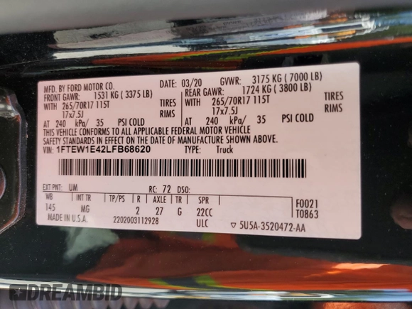 2020 Ford F-150 XL z VIN 1FTEW1E42LFB68620, wystawiony jako Copart lot #60610545 z przebiegiem 79 866 mil mil oraz Szkoda całkowita • Salvage title. Historia ofert i sprzedaży dostępna na DreamBid. Obrazek 12.