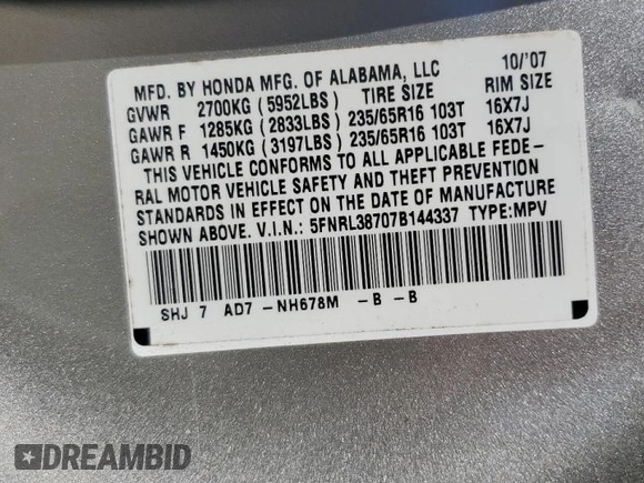 2007 Honda Odyssey EX-L with VIN 5FNRL38707B144337, listed as a Copart auction lot 54353345 with 177,322 mi miles and Salvage Title. Bid and sale history available at DreamBid. Image 14.