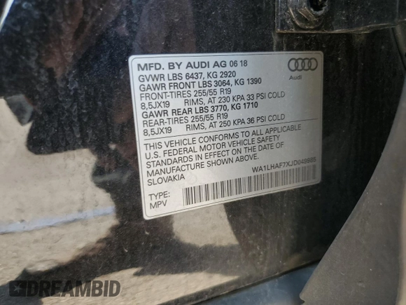 2018 Audi Q7 Premium Plus z VIN WA1LHAF7XJD049985, wystawiony jako Copart lot #60233295 z przebiegiem 71 011 mil mil oraz Szkoda całkowita • Salvage title. Historia ofert i sprzedaży dostępna na DreamBid. Obrazek 13.