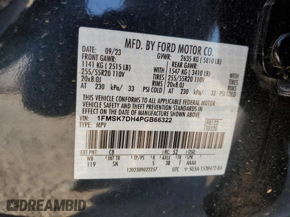 2023 Ford Explorer XLT с VIN 1FMSK7DH4PGB66322, выставлен на аукционе Copart как лот 47041905 с пробегом 9 102 миль миль и Списание • Salvage title. История ставок и продаж доступна на DreamBid. Изображение 15.