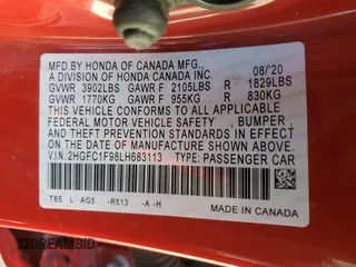2020 Honda Civic Sedan Touring with VIN 2HGFC1F98LH683113, listed as a Copart auction lot 80106424 with 37,590 mi miles and Salvage Title. Bid and sale history available at carsss.com. Image 12.