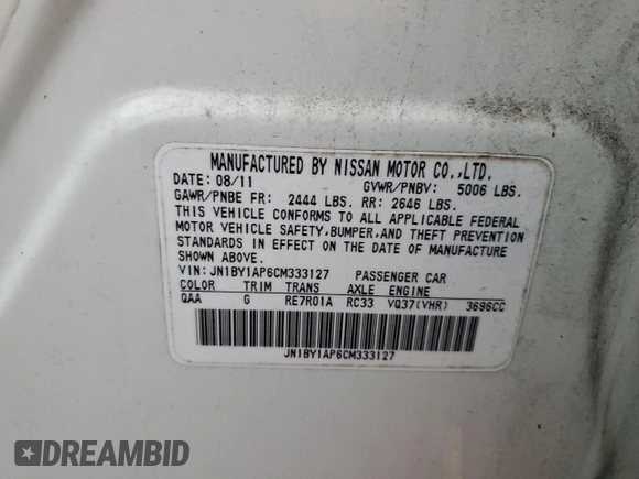 2012 Infiniti M37 with VIN JN1BY1AP6CM333127, listed as a Copart auction lot 78222284 with 202,255 mi miles and Salvage Title. Bid and sale history available at carsss.com. Image 13.