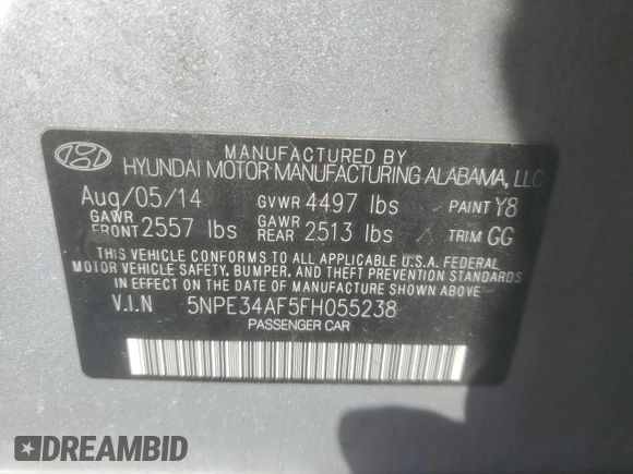 2015 Hyundai Sonata Sport with VIN 5NPE34AF5FH055238, listed as a Copart auction lot 49506805 with 82,312 mi miles and Salvage title. Bid and sale history available at DreamBid. Image 13.